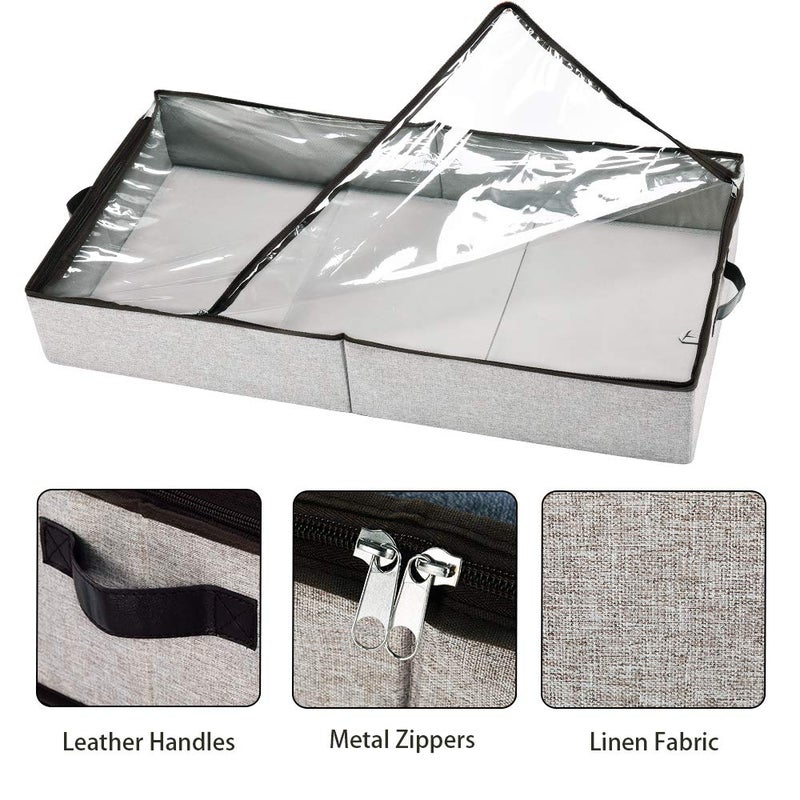 HOONEX Under Bed Storage Containers Zippered Clear Top Lid, Outer Linen Fabric, Reinforced Frame and Sturdy Bottom, 2 Leather Carrying Handles, 2 Pack, Grey - Image 3